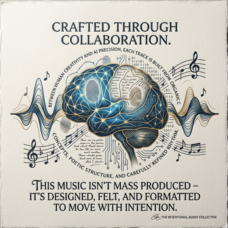 Crafted through collaboration between human creativity and AI precision, each track is built from organic concepts, poetic structure, and carefully refined rhythm. This music isn’t mass produced  it’s designed, felt, and formatted to move with intention.